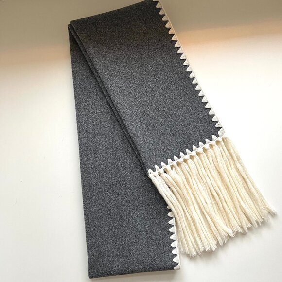 New! Blanket Stitch Tassel Scarf in Gray and Cream - Picture 2 of 7
